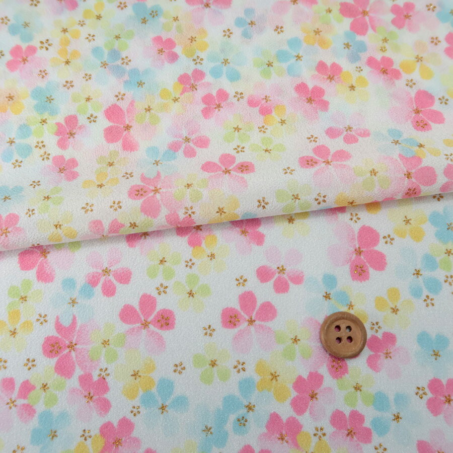 一越ちりめん生地 ふうわり花(白/桃色) 10cm単位 切り売り