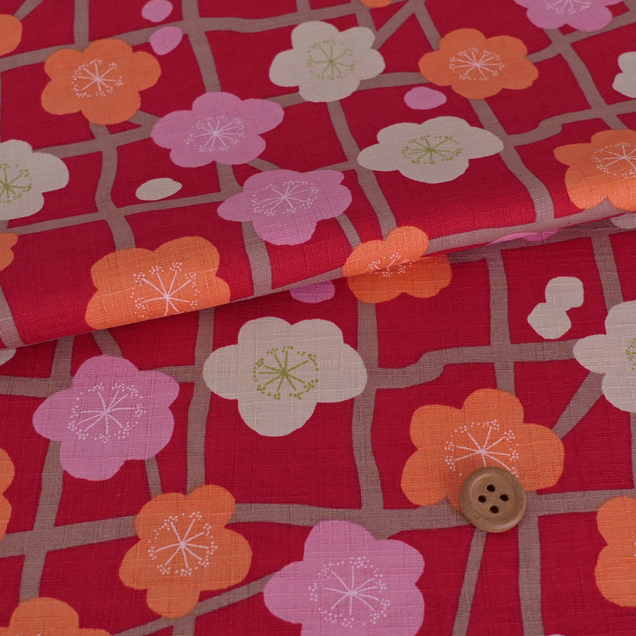 和柄コットン生地 よろけ格子に花梅(赤) 10cm単位 切り売り【RCP】