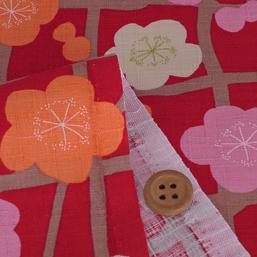 和柄コットン生地 よろけ格子に花梅(赤) 10cm単位 切り売り【RCP】