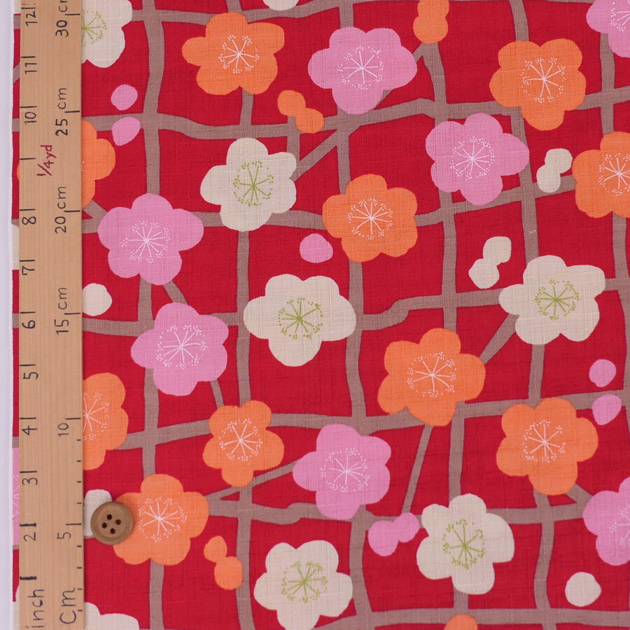 和柄コットン生地 よろけ格子に花梅(赤) 10cm単位 切り売り【RCP】