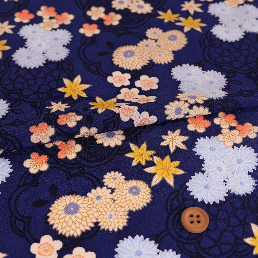 乐天商城 - 一越ちりめん生地 陰紋に春秋花(紺) 10cm単位 切り売り