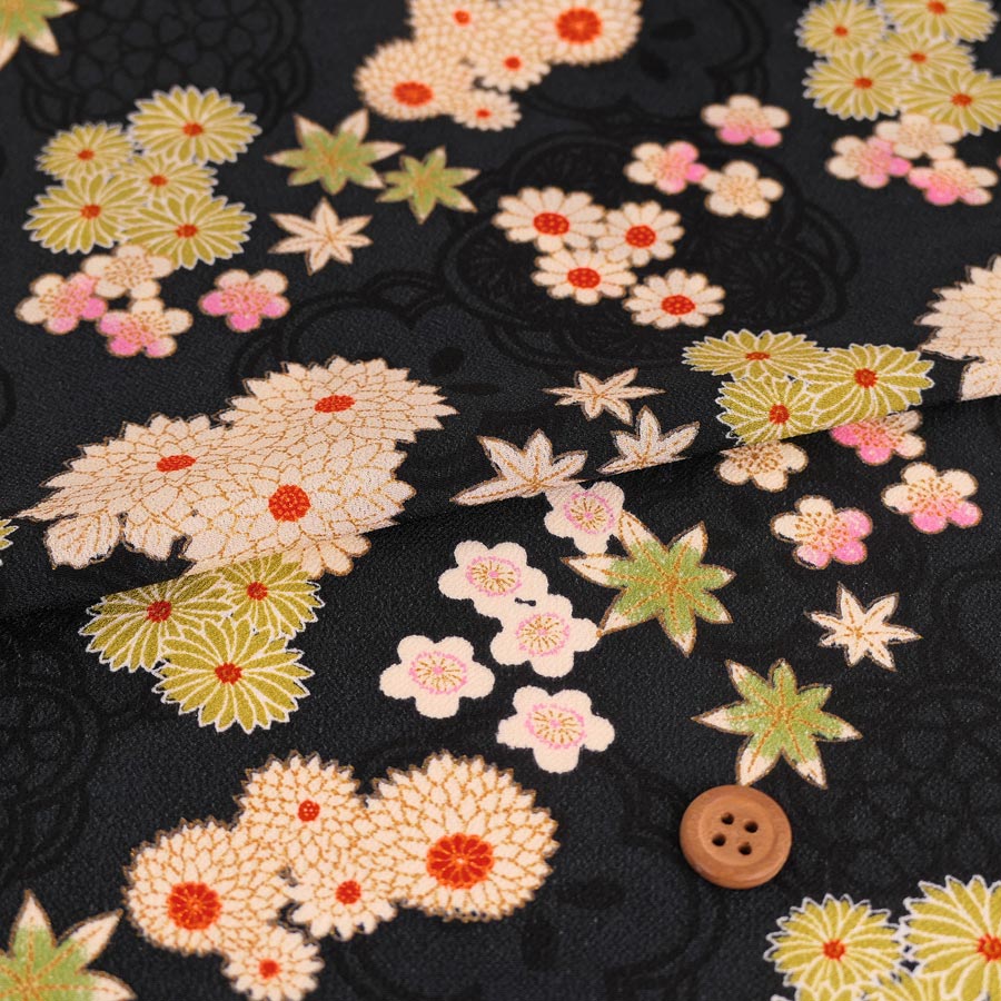 乐天商城 - 一越ちりめん生地 陰紋に春秋花(黒) 10cm単位 切り売り