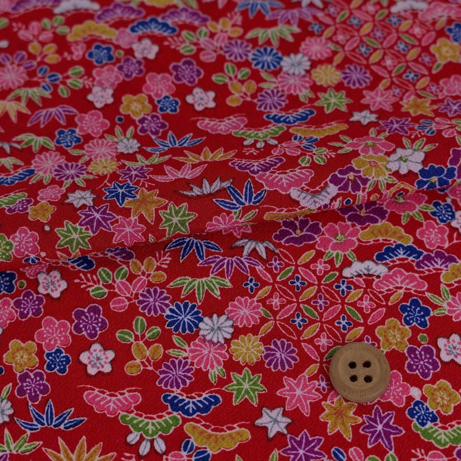 乐天商城 - 一越ちりめん生地 吉祥植物柄(赤) 10cm単位 切り売り