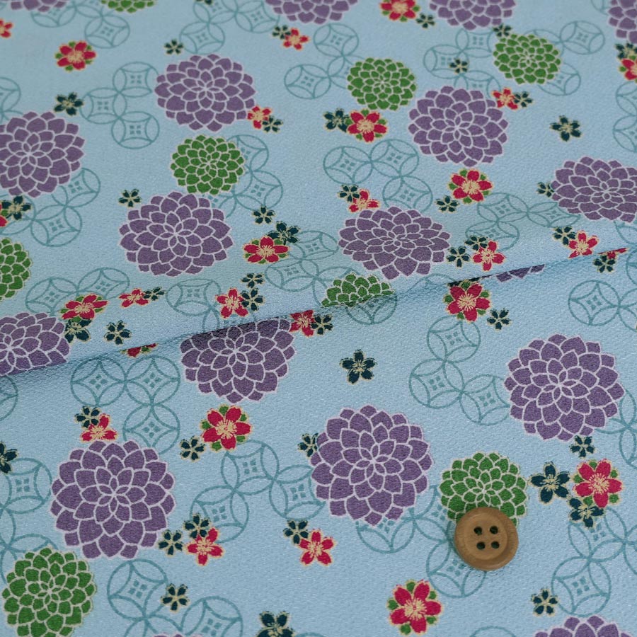 ポリちりめん生地 七宝に春秋花(水色) 10cm単位 切り売り