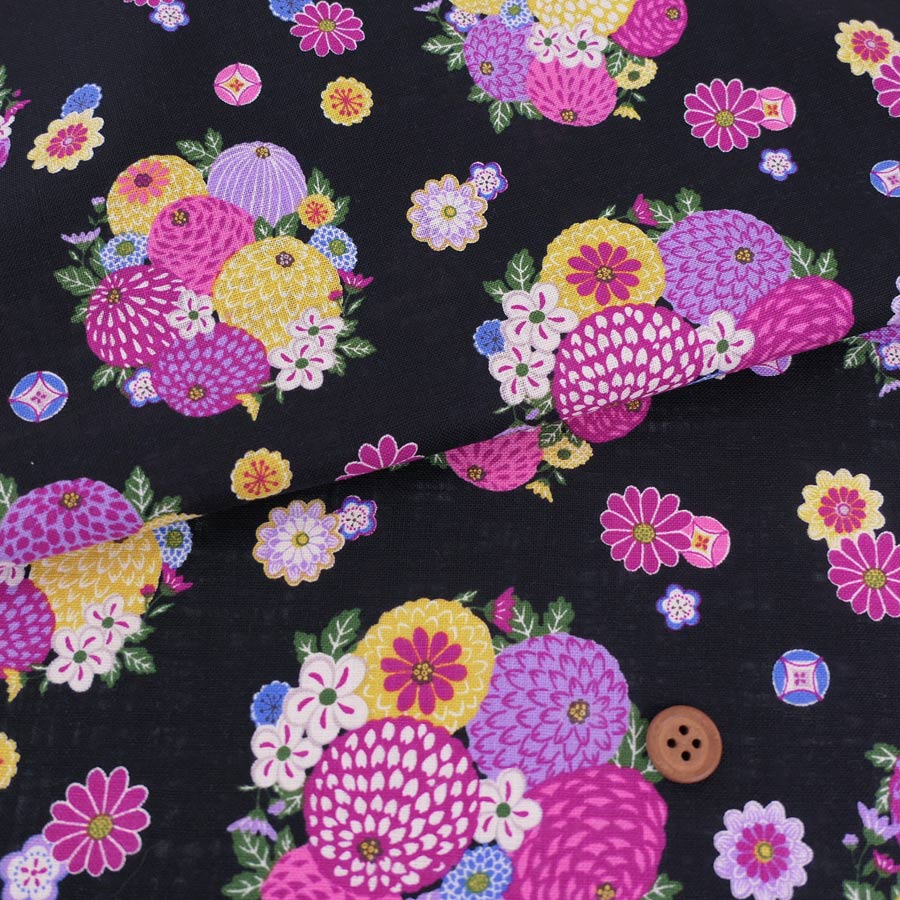 Other - 和柄コットン生地 手まり菊(黒) 10cm単位 切り売り