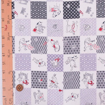 和柄コットン生地 鳥獣戯画の針仕事 市松模様(きなり/グレー) 10cm単位 切り売り【RCP】