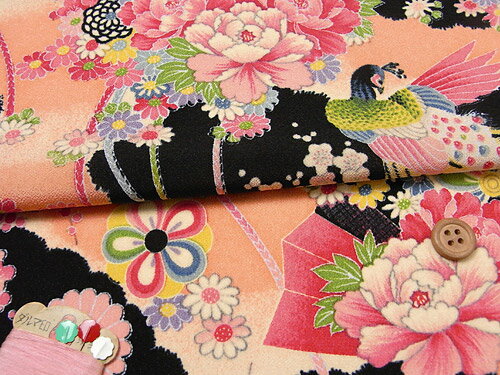 乐天商城 - 一越ちりめん・花孔雀(黒) 10cm単位 切り売り