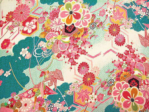 一越ちりめん・折鶴古典文様(青) 10cm単位 切り売り