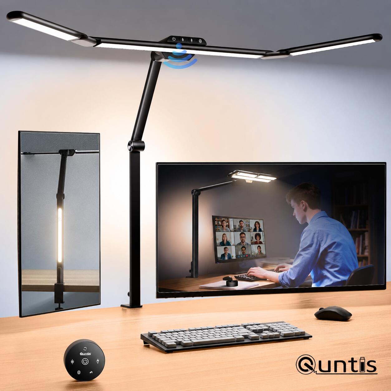 【4灯式・T型Proモデル・幅約83cm】 Quntisの最新LEDデスクライトは、182個の高輝度LEDチップを搭載した独自の4灯構造を採用。広いデスク全体を明るく、ムラを抑えて均一に照らします。5か所の可動部と角度調整可能なアームにより、照らしたい場所に合わせて光の向きを細かく調整可能。勉強、イラスト制作、デスクワーク、ゲーム、読書、ハンドメイドなど、幅広いシーンで活躍します。 【人の動きを検知するレーダーセンサー】 高感度レーダーセンサーを内蔵し、半径約60cm（検知距離：60±10cm）の範囲で人の動きを検知します。デスクに近づくと自動で点灯し、離席後約5分間動きを検知しない場合は自動で消灯。スイッチを操作する手間を省き、消し忘れによる無駄な電力消費も抑えられます。 【前後ライトで快適な作業環境】 正面ライトがデスク上をしっかり照らし、バックライトがモニター周辺をやさしく照らします。画面と周囲の明暗差を抑えることで、まぶしさや目への負担を軽減。最大約1100ルーメン、約100×180cmの広い照射範囲を実現し、大型デスクや複数モニターを使用する作業環境にも適しています。高さは最大約78cmまで調整可能です。 【目にやさしい光・高演色Ra95】 IEC/TR 62778およびIEC/EN 62471の基準に適合し、ブルーライトリスクグループRG0とフリッカーフリー設計を採用。ちらつきや画面への映り込みを抑え、長時間のパソコン作業を快適にサポートします。高演色Ra95により、色を自然かつ忠実に再現。イラスト制作やデザイン、精密作業にもおすすめです。 【リモコン＆タッチの2WAY操作】 付属のリモコンで、明るさを5段階（5～100％）、色温度を4段階（3000～6500K）に調整できます。リモコンが手元にない場合は、本体のタッチボタンからも操作可能。作業内容や時間帯に合わせて、お好みの明るさと光色を簡単に設定できます。 【省スペースなクランプ式】 クランプは厚さ約1～7.2cmのデスクに対応。デスク上のスペースを圧迫しにくく、壁際やコーナーにもすっきり設置できます。ワイドモニター、曲面モニター、複数モニターを使用するデスク環境にもおすすめです。