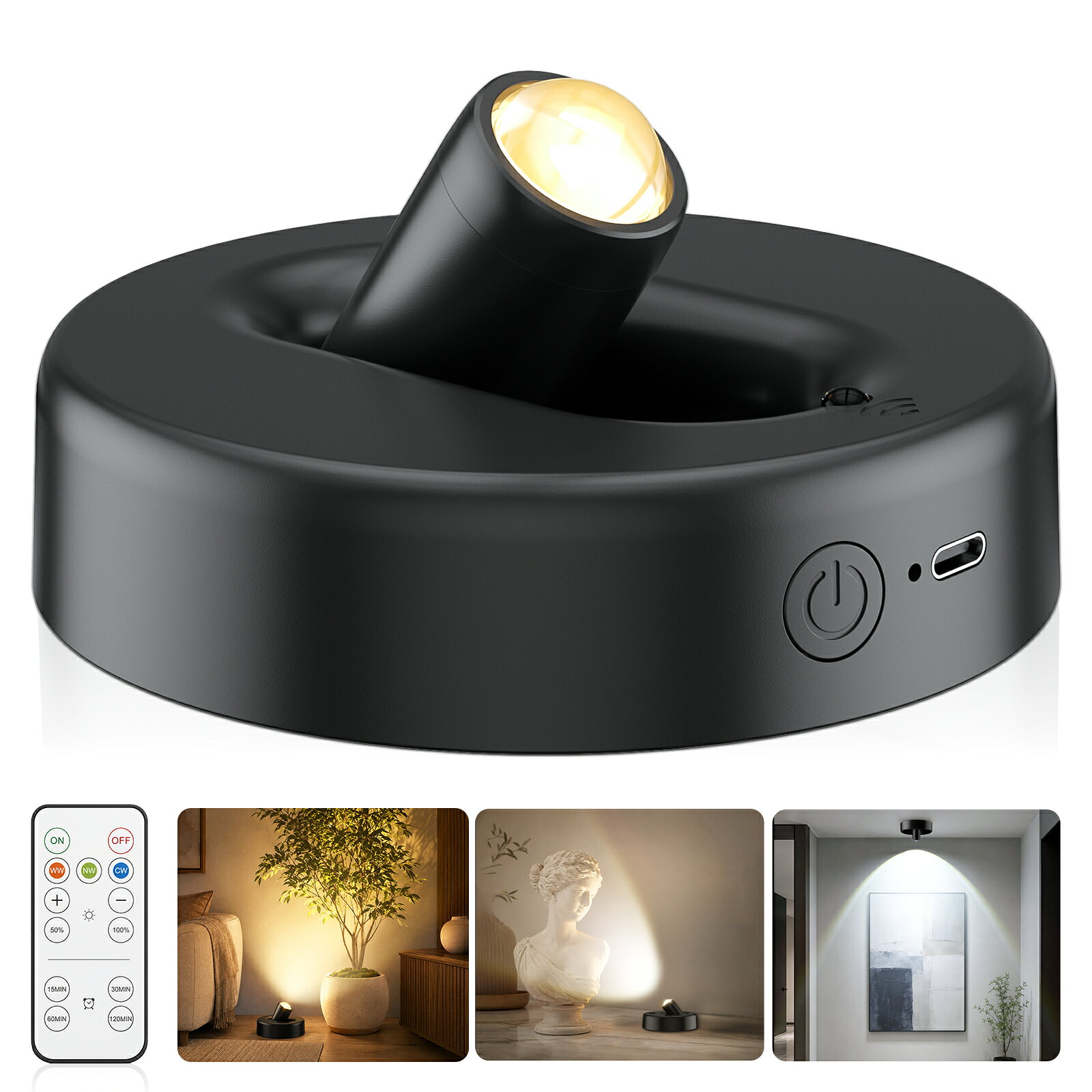 【コードレスで使える充電式スポットライト】 5500mAhの大容量バッテリーを搭載した充電式スポットライトです。コンセントの位置を気にせず、リビングや寝室、玄関、廊下、クローゼットなど、さまざまな場所に設置できます。 ■ 3色の光色を自由に切り替え 使用シーンやお好みに合わせて、3種類の光色から選択できます。 ・電球色（3000K）：やさしく落ち着いた温かみのある光 ・昼白色（4500K）：自然で見やすい光 ・昼光色（6500K）：すっきり明るい爽やかな光 ■ 10～100％の無段階調光 明るさは10％から100％まで無段階で調整可能。リラックスタイムのやわらかな照明から、絵画やインテリアをしっかり照らす明るい照明まで、用途に合わせて調節できます。 ■ 光を美しく広げる光学レンズ 二層構造の光学レンズと凸レンズを採用。最大約140lmの明るさで、広がりのある美しい光のアーチを演出します。光ムラが少なく、壁面やインテリアを柔らかく均一に照らします。 ■ 高演色CRI＞90 高演色LEDを採用し、絵画や家具、植物などの本来の色合いや質感を鮮やかに再現。アートライトやディスプレイ照明としてもおすすめです。 ■ 5500mAh大容量バッテリー 約3時間でフル充電でき、最大輝度では約32時間、最低輝度では約120時間使用できます。USB Type-C充電に対応しており、繰り返し手軽に充電できます。 ※使用時間は明るさや使用環境によって異なる場合があります。 ■ リモコンで簡単操作 付属の赤外線リモコンを使って、離れた場所から操作できます。 ・電源のON／OFF ・3色の光色切り替え ・明るさの無段階調整 ・タイマー設定 最大約3m、約90°の範囲で受信可能。1つのリモコンで2灯をまとめて操作することもできます。 ※リモコンはライト本体に向けて操作してください。 ■ タイマー機能付き 15分・30分・60分・120分のタイマー設定に対応。就寝前や消し忘れ防止など、使用シーンに合わせて設定できます。 ■ 360°回転＆上下90°角度調整 ライト部分は左右360°回転、上下90°の角度調整が可能。照らしたい場所に合わせて、光の向きを細かく調節できます。 ■ 選べる2種類の取り付け方法 壁の材質や設置場所に合わせて、2種類の方法から選べます。 ・3M強力粘着パッド：穴あけ不要で簡単に取り付け ・ネジ固定：壁面にしっかり固定して安定設置 マグネット式のため、ライト本体の取り外しや充電もスムーズです。 ■ コンパクトで省スペース 本体サイズは約110×110×27mm、ライト部分は約55×24mm。場所を取りにくいコンパクト設計で、狭いスペースや飾り棚にもすっきり設置できます。 【さまざまな場所で活躍】 絵画・写真・ポスター・観葉植物・飾り棚・ショーケース・クローゼット・玄関・廊下・寝室・リビングなどの照明におすすめです。間接照明として、お部屋に温かみのある雰囲気を演出します。