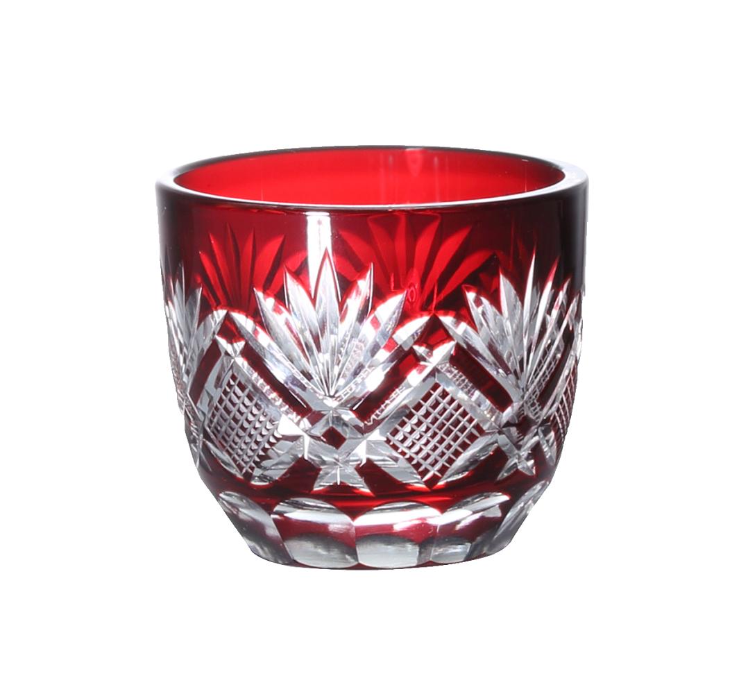 切子 お猪口（おちょこ） レッド【切子グラス】【グラス】【ガラス 食器 器】【酒杯】【お猪子】【おちょこ】【ぐい飲み】【珍味入れ】【おつまみ入れ】【ご来客 お客様 おもてなし 】【夏の器】【手作り】【ハンドメイド】【食洗機対応】【大量注文も承ります】