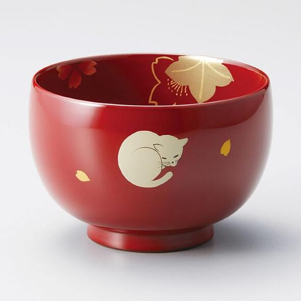 木合 越前漆器 汁椀 ネコ 内桜 古代朱 漆塗り お椀 越前塗り 1客