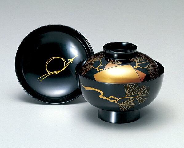 木製 越前漆器 お吸物椀 1客 色紙老松 漆塗り 黒 お椀 おわん 越前塗り 蒔絵 磨き 見返し 松葉 蓋付き【ギフト・内祝い・成人内祝い・結婚内祝い・新築祝い...