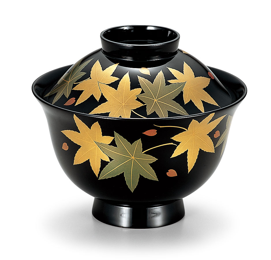 木製 越前漆器 お吸物椀 5客 春秋 漆塗り 黒塗り 越前塗り 蒔絵 磨き お椀 蓋付き おわん 桐箱入り【ギフト・内祝い・成人内祝い・結婚内祝い・新築祝い・お...