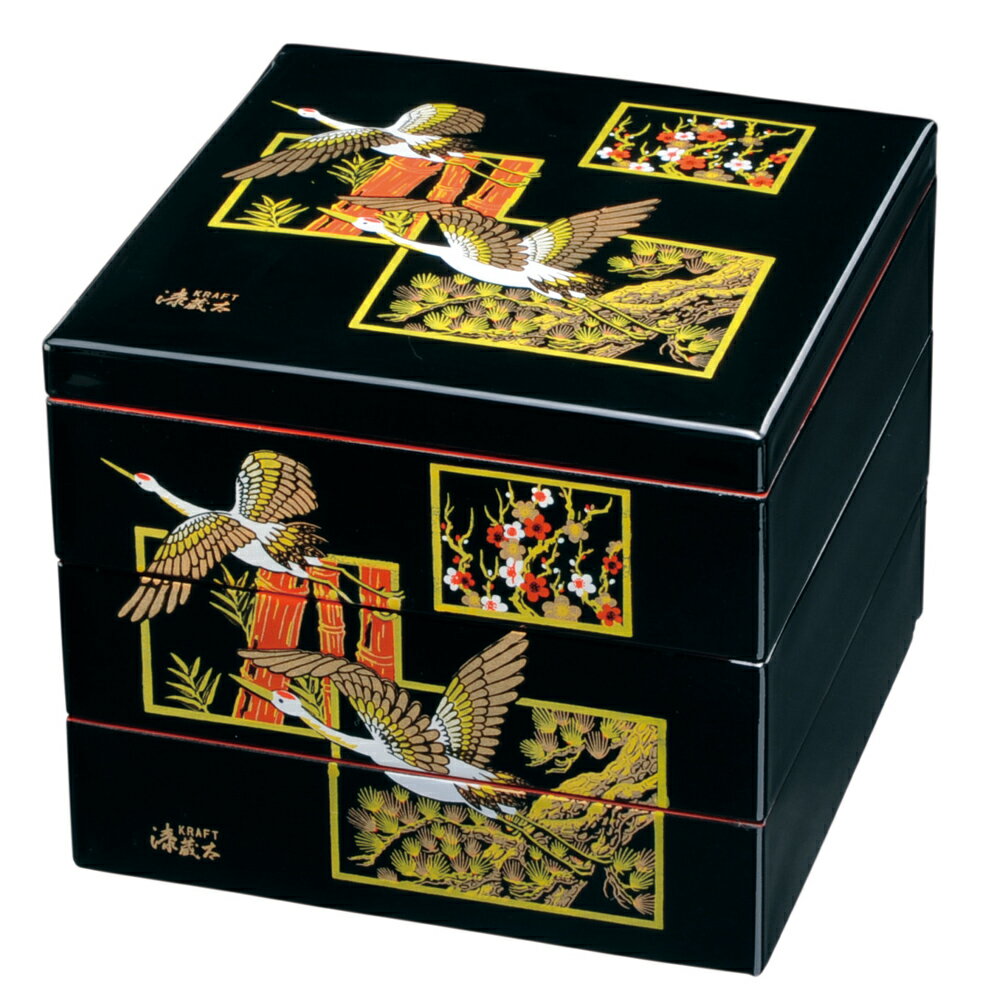 和食器 紀州漆器 7寸 三段重箱 黒内朱塗り 吉兆 鶴 お重 紀州塗り 3段重箱 【ギフト】【楽ギフ_包装選択】【楽ギフ_のし】【楽ギフ_のし宛書】