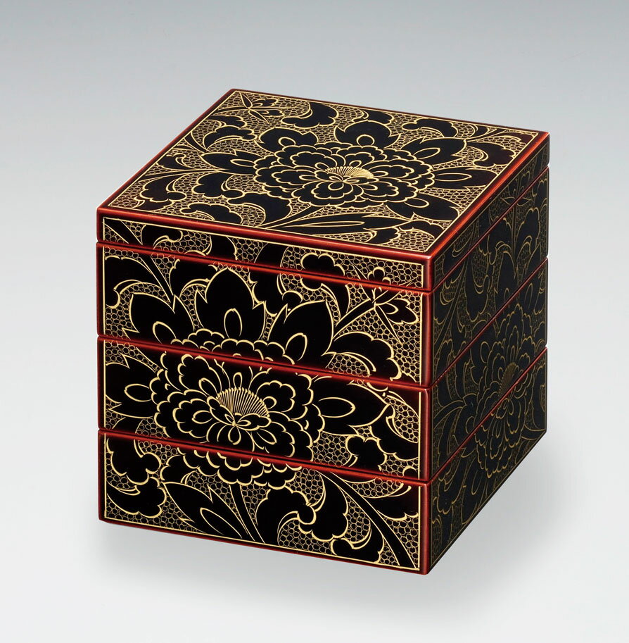 和食器 木製 お重 5.0 姫重 越前塗り 三段 重箱 漆塗り 越前漆器 牡丹彫 沈金【ギフト】【楽ギフ_包装選択】【楽ギフ_のし】【楽ギフ_のし宛書】