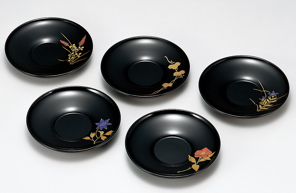 木製 越前漆器 茶托 4.2寸 5枚組 黒塗り 四季絵変り 漆塗り 手描き蒔絵 磨き仕上げ 越前塗り 桐箱入り【ギフト】【楽ギフ_包装選択】【楽ギフ_のし】【楽ギフ_のし宛書】