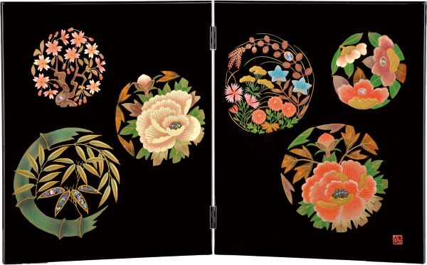 会津漆器 屏風 衝立 大奥 花丸 黒 びょうぶ 木繊 会津塗り【ギフト・内祝い・成人内祝い・結婚内祝い・..