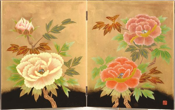 会津漆器 屏風 衝立 将軍 牡丹 黒 びょうぶ 木繊 会津塗り【ギフト・内祝い・成人内祝い・結婚内祝い・..