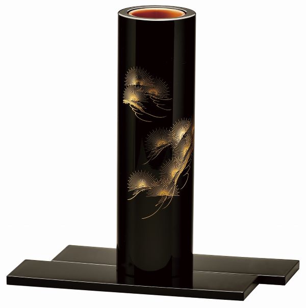 会津漆器 花器セット 黒塗り 沈金風 松 花瓶 花生 丸型 会津塗り 台付【ギフト】【楽ギフ_包装選択】【..