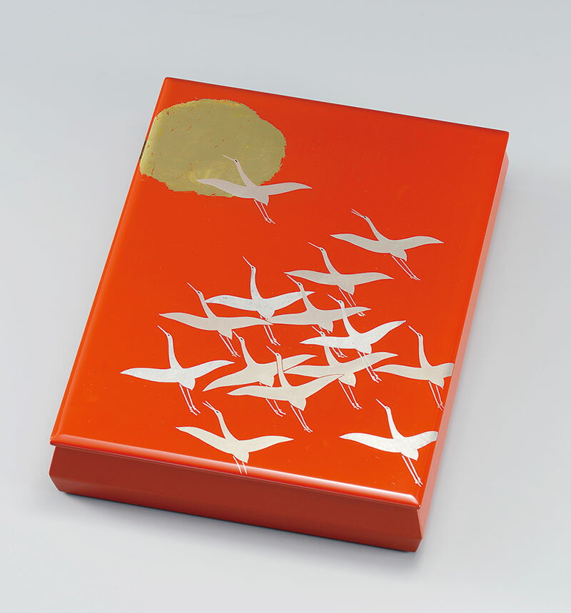 木製 越前漆器 文庫 文筥 漆塗り 洗朱 手描き蒔絵 箔絵 翔鶴 文箱 越前塗り 書類入れ 書類箱 A4サイズ うるし塗り 木箱入り【ギフト・内祝い・成人内祝い...