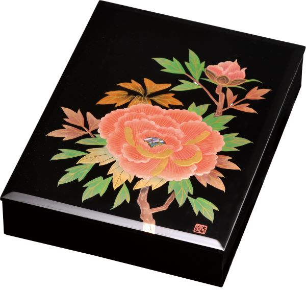 会津漆器 木繊 平文庫 板蓋 黒塗り 牡丹 10.0 文箱 書類入れ 書類箱 会津塗り 内布貼り【ギフト・内祝い・成人内祝い・結婚内祝い・新築祝い・お返し】
