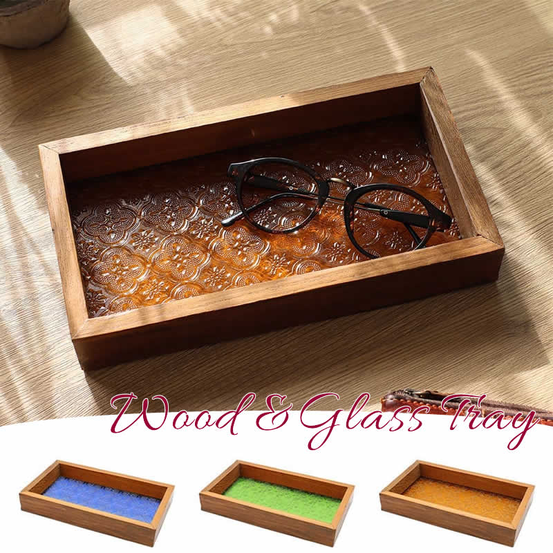 【スーパーセール】ウッド&エンボスガラス トレイ トレー 小物入れ 木製 木 ボックス 卓上 収納 アンティーク レトロ ハンドメイド ガラス キラキラ アジア...