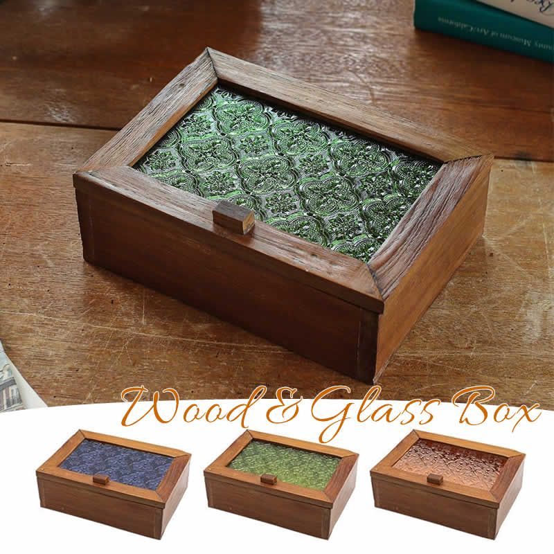【スーパーセール】ウッド&エンボスガラス ボックスM BOX 小物入れ 木製 木 蓋付き ボックス 収納 アンティーク レトロ ハンドメイド ガラス キラキラ ...