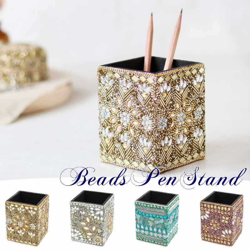 【スーパーセール】ビーズ ペンスタンド ペン立て メガネスタンド メガネ入れ 文具 小物入れ ボックス 収納 アンティーク レトロ ハンドメイド ビジュー ライ...