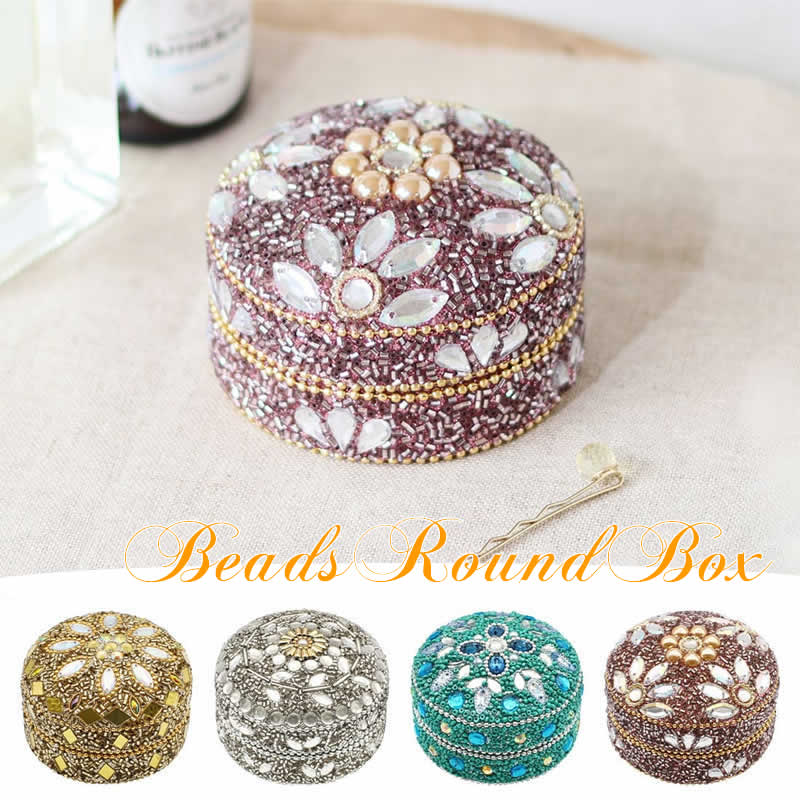 【スーパーセール】ビーズラウンドボックス アジアン雑貨 西海岸 マリン リゾート 小物入れ ボックス 収納 アンティーク ハンドメイド ビーズ ラインストーン ...