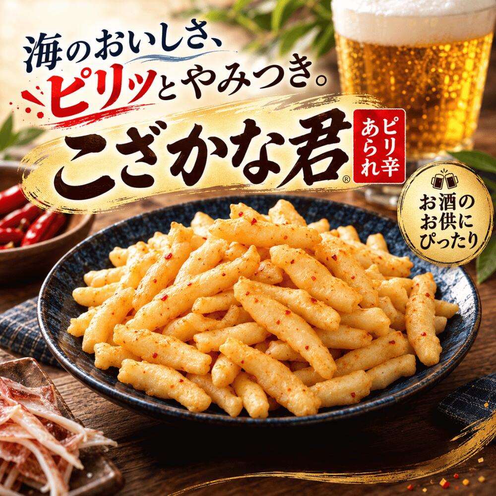 商品説明 【海のおいしさ、ピリッとやみつき。こざかな君】 かわいい小魚型に、ぎゅっと詰まった海の旨み。イカを練り込んだ生地を、愛らしい小魚型に仕上げた「こざかな君」。 サクッと軽やかな食感と、噛むほどに広がるイカの旨み。さらに、唐辛子のピリッとした辛さがアクセントになった、あと引く美味しさのピリ辛あられです。 ひとくち食べると、ついついもうひとつ手が伸びる。そんなクセになる味わいをお楽しみください。 ■ こざかな君の3つの魅力 ・かわいい小魚型のあられ 見た目にも楽しい、ユニークな小魚型。食べやすいサイズ感で、おやつにもおつまみにもぴったりです。 ・イカの旨みと絶妙なピリ辛味 イカを練り込んだ生地の旨みに、唐辛子の辛さをプラス。香ばしい味わいとピリ辛のアクセントが、おいしさを引き立てます。 ・サクッと軽やか、あと引く美味しさ 軽やかな歯ざわりと、噛むほどに広がる旨み。お茶のお供にも、お酒のお供にもおすすめです。 ■ 晩酌時間が、ちょっと贅沢になる。 ビール、ハイボール、日本酒、焼酎など、さまざまなお酒のお供に。仕事終わりの一杯に、週末の家飲みに、友人との楽しいひとときに。気軽につまめる「こざかな君」が、いつものおつまみ時間をもっと楽しく彩ります。もちろん、テレビや映画を見ながらのおやつや、ちょっと小腹が空いたときにもおすすめです。 ■ 選べる5サイズ ・200g：まずは気軽にお試し ・300g：毎日のおやつに ・500g：ご家庭でたっぷり楽しみたい方に ・700g：おつまみ好きの方にうれしい大容量 ・1kg（500g×2袋）：まとめ買いやストックにおすすめ ライフスタイルやご用途に合わせて、お好みのサイズをお選びいただけます。 ■ こんな方におすすめ ・ピリ辛のお菓子が好きな方 ・ビールやお酒に合うおつまみを探している方 ・あられや米菓がお好きな方 ・家族で楽しめるおやつを探している方 ・大容量のおつまみをストックしておきたい方 【かわいくて、おいしい。大人がハマるピリ辛あられ。】 海の旨み、軽やかな食感、あと引く辛さ。NUT HYOUGOの「こざかな君」で、やみつきのおいしさをぜひお楽しみください。 【注意事項】 ・ご購入前にご確認ください。画像はイメージです。 ・本商品は唐辛子を使用したピリ辛味のあられです。辛味が苦手な方や小さなお子様はご注意ください。 ・小魚の形をしたあられであり、乾燥小魚そのものではありません。 ・製品の特性上、形や大きさ、焼き色などに多少のばらつきがございます。 ・商品の輸送中や取り扱い状況により、一部に割れや欠けが生じる場合がございます。 ・開封後は湿気を避け、賞味期限にかかわらず、なるべくお早めにお召し上がりください。 商品名 こざかな君 原材料名 米、澱粉、植物油脂、いか、食塩、唐辛子、砂糖、調味エキス／加工澱粉、調味料(アミノ酸等)　(一部にいか・大豆を含む) 賞味期限 150日 保存方法 直射日光・高温多湿を避けて保存して下さい。 配送方法 常温便 販売者 株式会社 NUT HYOUGO 兵庫県明石市魚住町錦が丘4丁目13−8 原産国 米(国産、タイ産) 備考 同じ生産工程にてアーモンド・カシューナッツ・くるみ・落花生・小麦・乳成分・大豆・りんご・オレンジ・キウイ・桃・ゴマ・かに・えびを含んだ食品を扱っています。