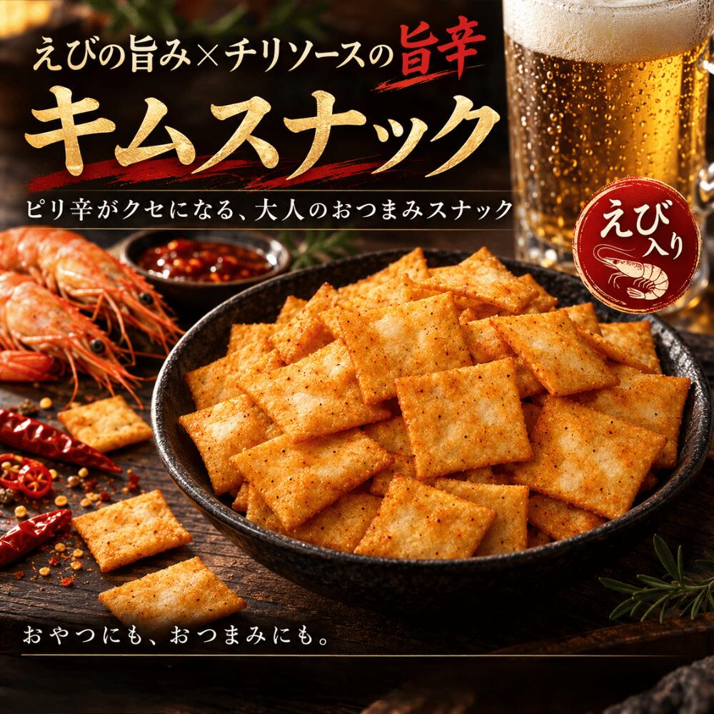 商品説明 えびの旨み×チリソースの旨辛！サクッと香ばしい、大人のやみつきキムスナック、一度食べたら、また食べたくなる！ えびを生地に練りこんだ香ばしいスナックに、チリソース味のパウダーをまとわせました。口に入れた瞬間のサクッと軽やかな食感。噛むほどに広がるえびの風味と、あとから感じるピリ辛のアクセント。旨みと辛みが絶妙に重なり、ついつい次の一枚に手が伸びる、クセになる美味しさです。 ■ 美味しさの3つのポイント ・えびの香ばしい旨み えびを生地に練りこむことで、ひと口ごとに豊かな風味が広がります。えびの美味しさを楽しめるスナックです。 ・チリソースのあと引く旨辛 チリソース味のシーズニングが、えびの旨みを引き立てます。ピリッとした辛さとコクのある味わいがクセになります。 ・軽やかなサクサク食感 食べやすいひと口サイズの四角いスナック。サクサクとした軽い食感で、おやつにもおつまみにもぴったりです。 ■ 今夜の晩酌を、ちょっと贅沢に。 ビールやハイボール、サワーなど、お好みのお酒と一緒に。えびの旨みとチリソースのピリ辛味が、いつもの晩酌時間をもっと楽しくしてくれます。お仕事終わりの一杯や、週末のゆったりした家飲みにもおすすめです。 ■ みんなで楽しむ、旨辛スナック！ ホームパーティーや宴会、忘年会、納会など、人が集まるシーンにもおすすめ。大皿に盛り付けるだけで、みんなで気軽につまめるおつまみに。ご家族やご友人との楽しいひとときに、ぜひお楽しみください。 ■ 用途に合わせて選べる5サイズ - 200g：初めての方のお試しに - 300g：毎日のおやつや晩酌のおともに - 500g：たっぷり楽しみたい方に - 700g：ご家族やシェア用に - 1kg（500g×2袋）：まとめ買いやイベント用に 少量のお試しから大容量まで、用途に合わせてお選びいただけます。 【注意事項】 ■ 本商品はチリソース味のピリ辛スナックです。辛さの感じ方には個人差がありますので、辛いものが苦手な方はご注意ください。 ■ 商品の特性上、輸送中の振動や衝撃などにより、スナックに割れや欠けが生じる場合がございます。あらかじめご了承ください。 ■ シーズニング（味付けパウダー）の付着具合には多少のばらつきが生じる場合がございます。 ■ 開封後は湿気を避け、袋の口をしっかり閉じて、できるだけお早めにお召し上がりください。 ■ 商品画像は盛り付け例・イメージです。撮影環境やモニターの設定により、実際の商品と色味が多少異なる場合がございます。 商品名 キムスナック 原材料名 でん粉（国内製造）、植物油脂、砂糖、チリソースシーズニング、ショートニング、えび、食塩、寒梅粉、バター／加工でん粉、膨張剤、調味料（アミノ酸等）、炭酸カルシウム、パプリカ色素、酸味料、香辛料抽出物、（一部にえび・小麦・乳成分・大豆を含む） 賞味期限 150日 保存方法 直射日光・高温多湿を避けて保存して下さい。 配送方法 常温便 販売者 株式会社 NUT HYOUGO 兵庫県明石市魚住町錦が丘4丁目13−8 原産国 国内製造 備考 同じ生産工程にてアーモンド・カシューナッツ・くるみ・落花生・小麦・乳成分・大豆・りんご・オレンジ・キウイ・桃・ゴマ・かに・えびを含んだ食品を扱っています。