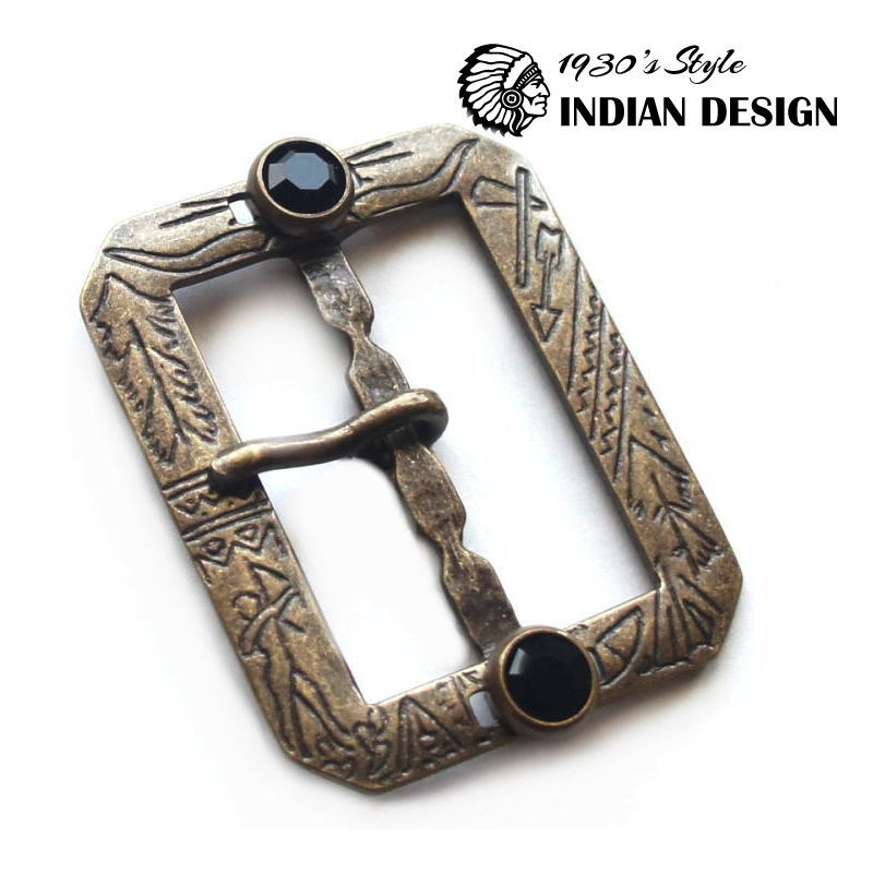 1930s インディアン柄 ビンテージ復刻版 シャビーシック アンティークブロンズ メッキ バックル 40mm〜42mm幅 ブラックラインストーン付き / スタッズベルト レザークラフト ハンドメイド バックル交換に