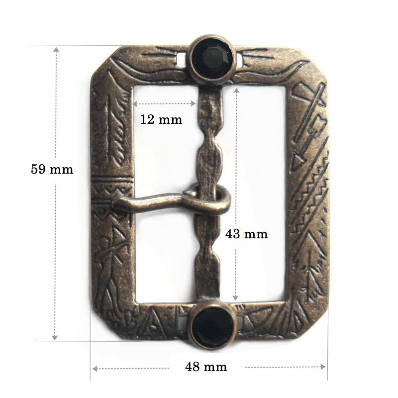 NUTS SMITH STREET MARKETの1930s インディアン柄 ビンテージ復刻版 シャビーシック アンティークブロンズ メッキ バックル 40mm〜42mm幅 ブラックラインストーン付き スタッズベルト レザークラフト ハンドメイド バックル交換に｜アングル2