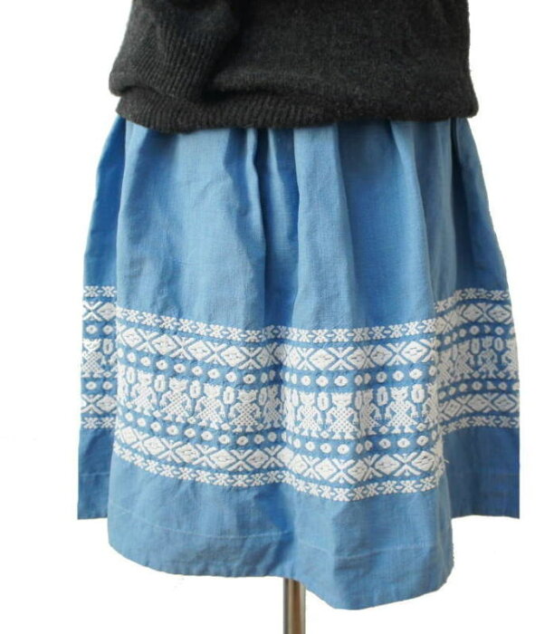 【古着】グアテマラ 民族 幾何学模様 手織り スカート ライトブルー 80s 90s ガテマラ 織り地 TALON 古着 レディースファッション