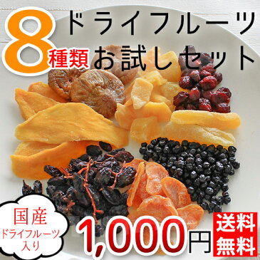 【送料無料】豪華！8種のドライフルーツお試しセット 1000円 送料無料 ドライフルーツ ゆうメール発送 ドライマンゴー お菓子作り パン作り クランベリー 国産りんご ブルーベリー パイナップル 枝付き干しぶどう 国産みかん いちじく