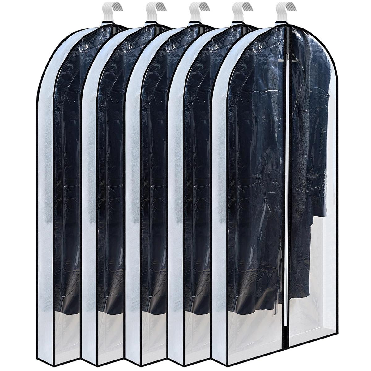 VECELO 衣類カバー 防塵カバー スーツカバー ハンガー 5枚組 マチ付き 湿気取り 防汚 吊り下げたまま使えるゆったりシワになりにくいマチ付き洋服カバー 通気性の良い不織布 透明窓 センターファスナー 衣装カバー 125CM