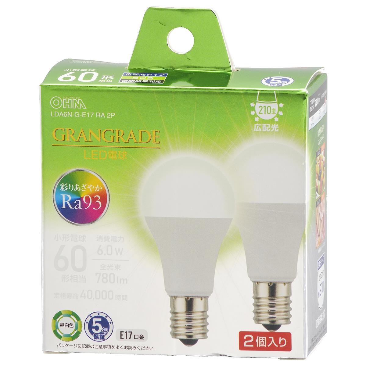 オーム(OHM) 電機 LED電球小形 E17 60形相当/60W相当 昼白色 Ra93高演色 密閉器具対応 断熱材施工器具..