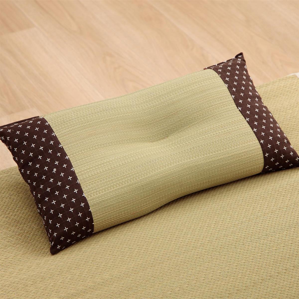 イケヒコ い草 枕 ピロー 和 平枕 詩織 ブラウン 約30×50cm インド綿 刺し子 ムレにくい シンプル リラ..