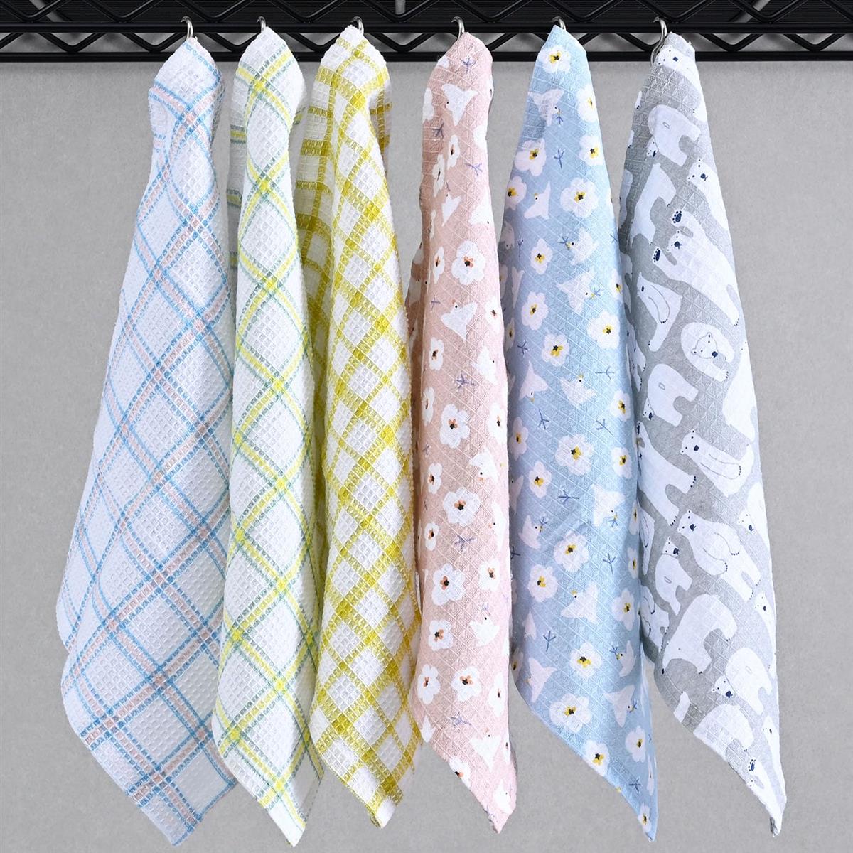 レップ ふきん 6枚 アニマル柄 ワッフル素材(乾きやすくヘタりにくい) 天然繊維100％(吸水性ばつぐん) フック付き おしゃれ かわいい 布巾 キッチン 食器拭き 台拭き クロス プチギフト 559901