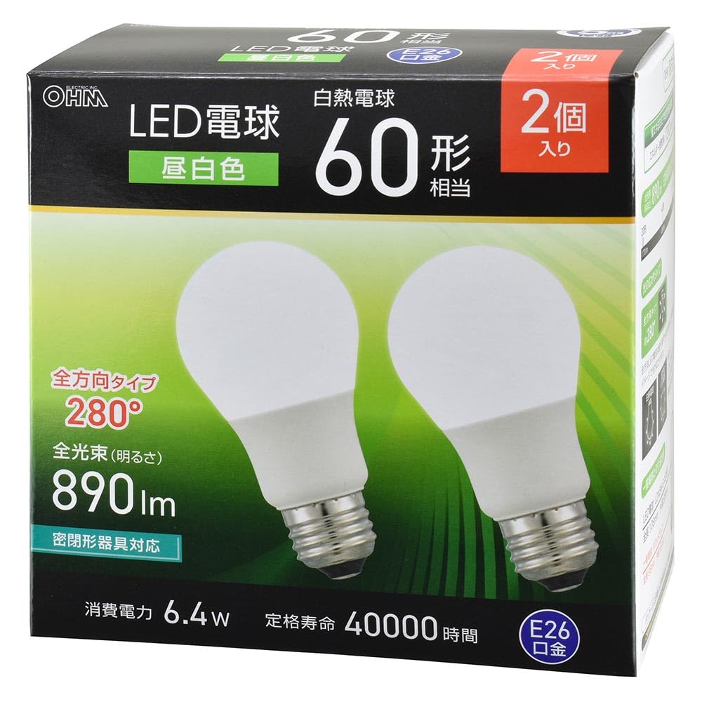 オーム(OHM)オーム電機 LED電球 E26 60形相当 昼白色 2個入 LDA6N-G AG59 2P 06-5467
