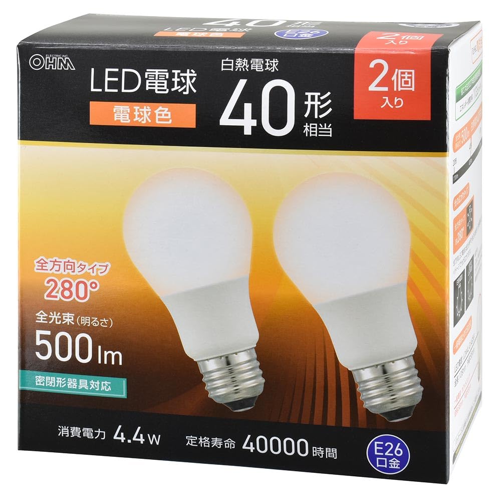 オーム(OHM)オーム電機 LED電球 E26 40形相当 電球色 2個入 LDA4L-G AG59 2P 06-5463