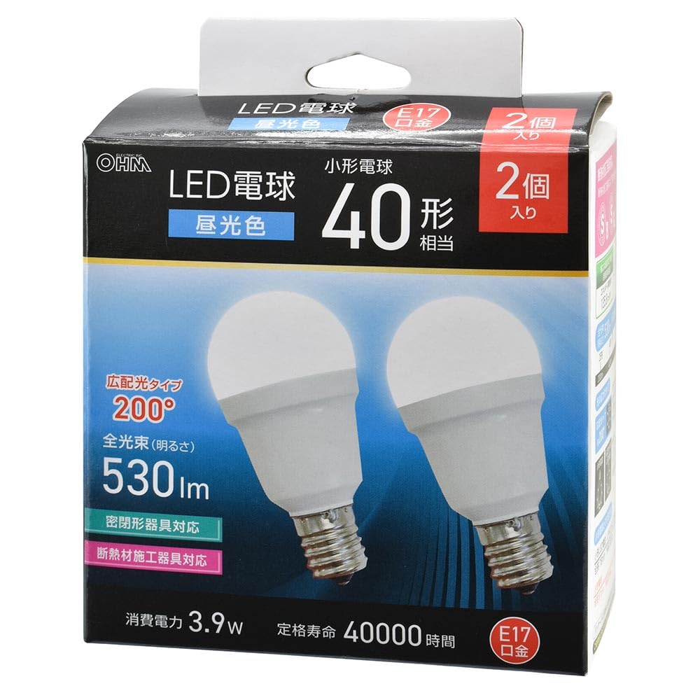 オーム(OHM)オーム電機 LED電球小形 E17 40形相当 昼光色 2個入 LDA4D-G-E17 IS53 2P 06-5480