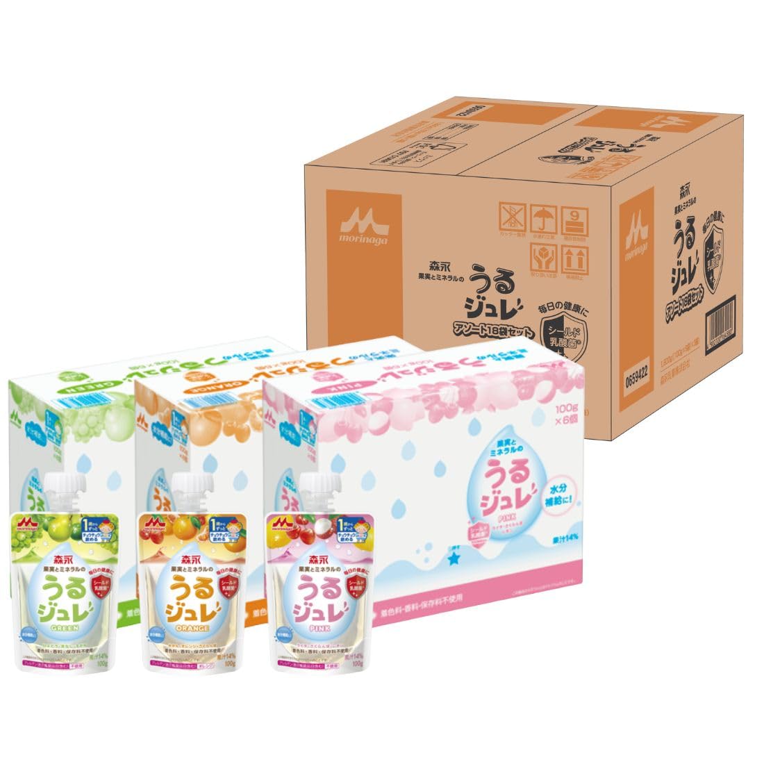 ◆商品名：森永乳業ベビー&キッズ うるジュレ3品×6袋 18個アソートセット [ 1歳頃から 3種類 詰め合わせ ]お子さまが自分でチュウチュウ飲める水分補給ジュレのアソートセットです うるジュレ3品種が6袋ずつ、合計18袋入っています商品紹介 【3種類が楽しめるアソートセット】果実とミネラルのうるジュレシリ ーズの全3種類を詰め合わせました※詰め合わせ内容：GREEN（6個）、PINK（6個）、ORANGE(6個) 【特長3】誤飲防止に配慮した大きなキャップを採用しました 【特長4】着色料・香料・保存料不使用! 素材を生かした自然な味わいに仕上げましたおやつにもピッタリ! 使用方法 パッケージを開けて子どもに与えてください 安全警告 誤飲の危険があります1歳から使用してください