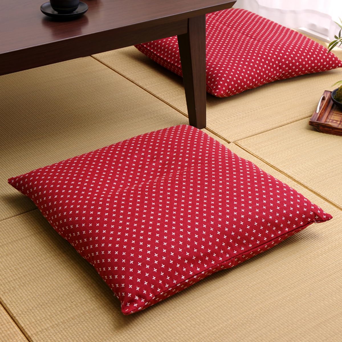 イケヒコ 座布団カバー 銘仙判 刺し子調 ローズ 約55×59cm 1枚 クッションカバー おしゃれ 和モダン 和..