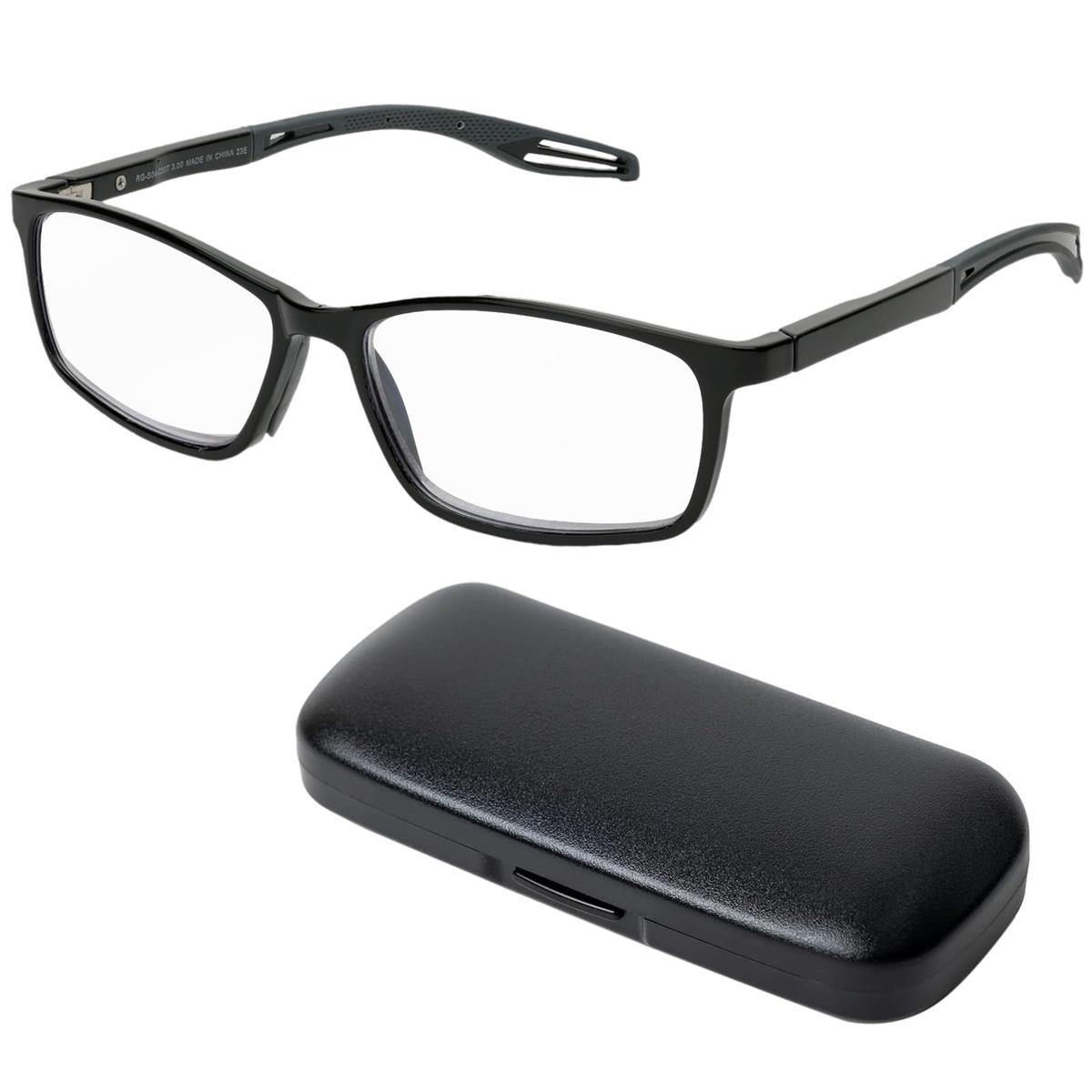 保土ヶ谷電子販売 老眼鏡 おしゃれ +1.5 度数 ケース付き 超弾性 樹脂フレーム 軽量 フ ルリム ブルーライトカット 反射防止 ARコートレンズ ブラック 敬老の日 父の日 母の日 ギフト プレゼント ケース色指定不可