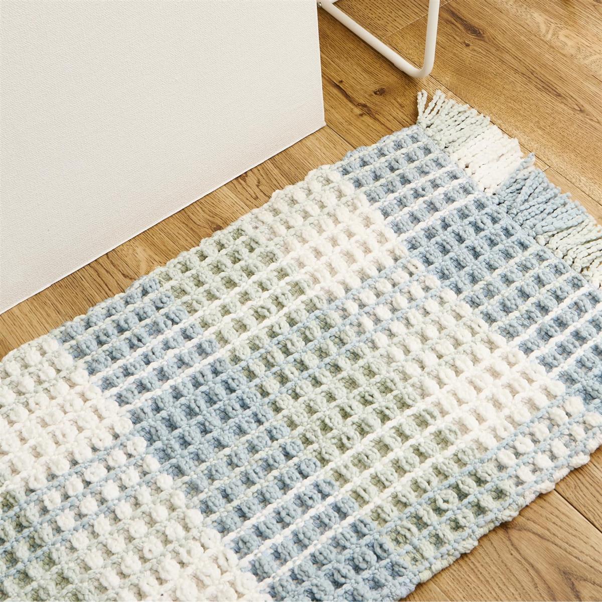 萩原 キッチンマット エルフ ブルー 約45×180cm 洗える ワッフル風 チェック柄