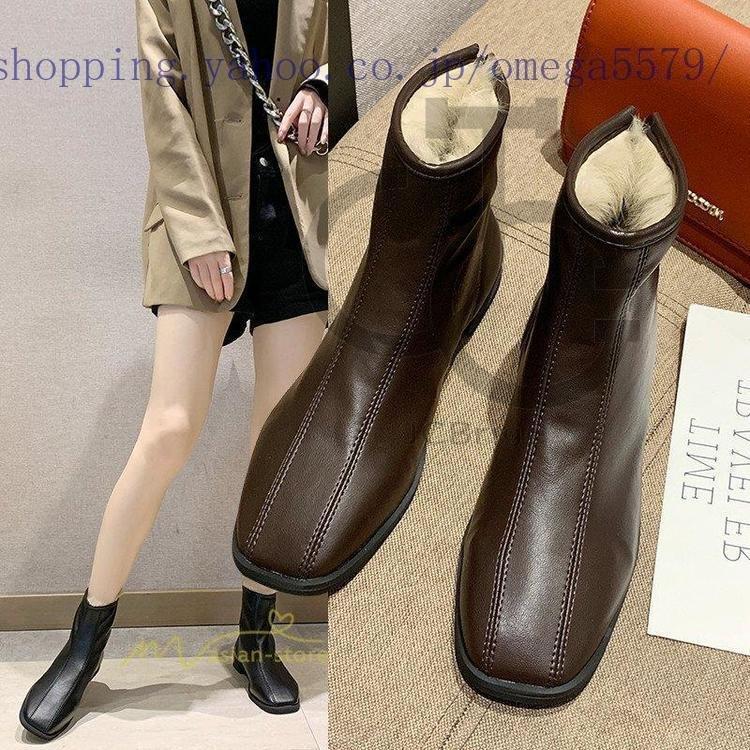 Shoes - ストレッチ ショートブーツ レディース 秋冬 スクエアトゥ バックファスナー レディースシューズ 太めヒール 靴 シンプル 通勤 美脚 歩きやすい 秋冬新作 2021