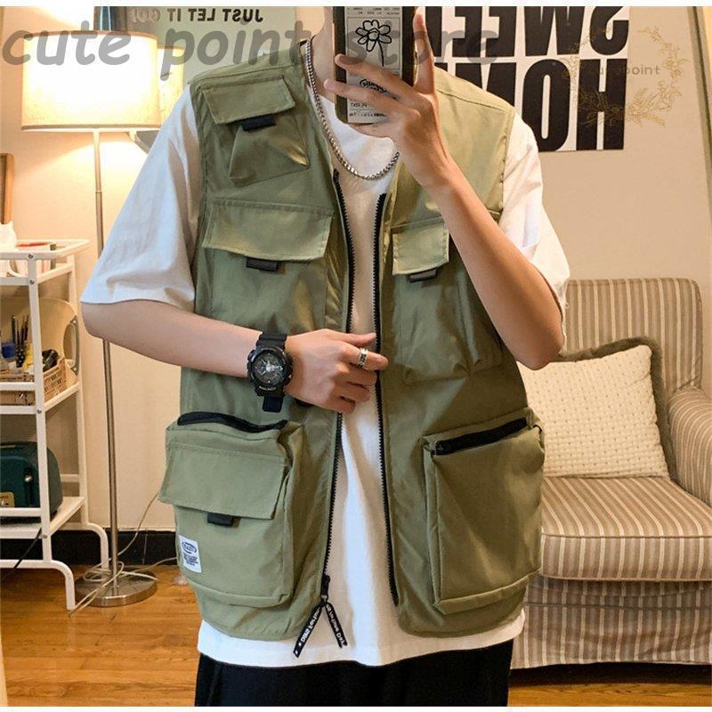 サマーベスト メンズ ポケット付 軽量 トップス 夏 薄手お出かけ 開襟 遠足 アウター キャンプ 釣り 散歩 大 新作 お兄系 撮影用