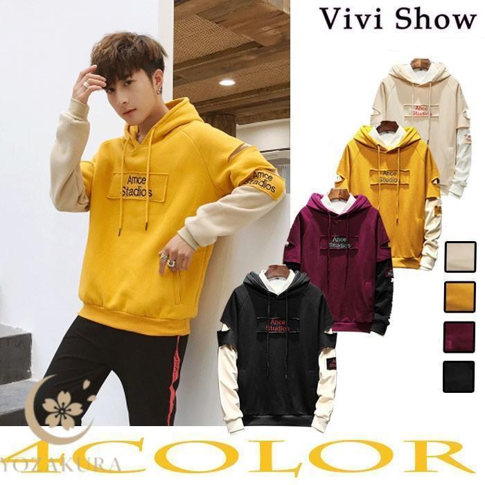 パーカー メンズ 秋服 秋物 プルオーバー トップス 英文字ロゴ ダメージ袖 長袖 パーカ フード parka ..